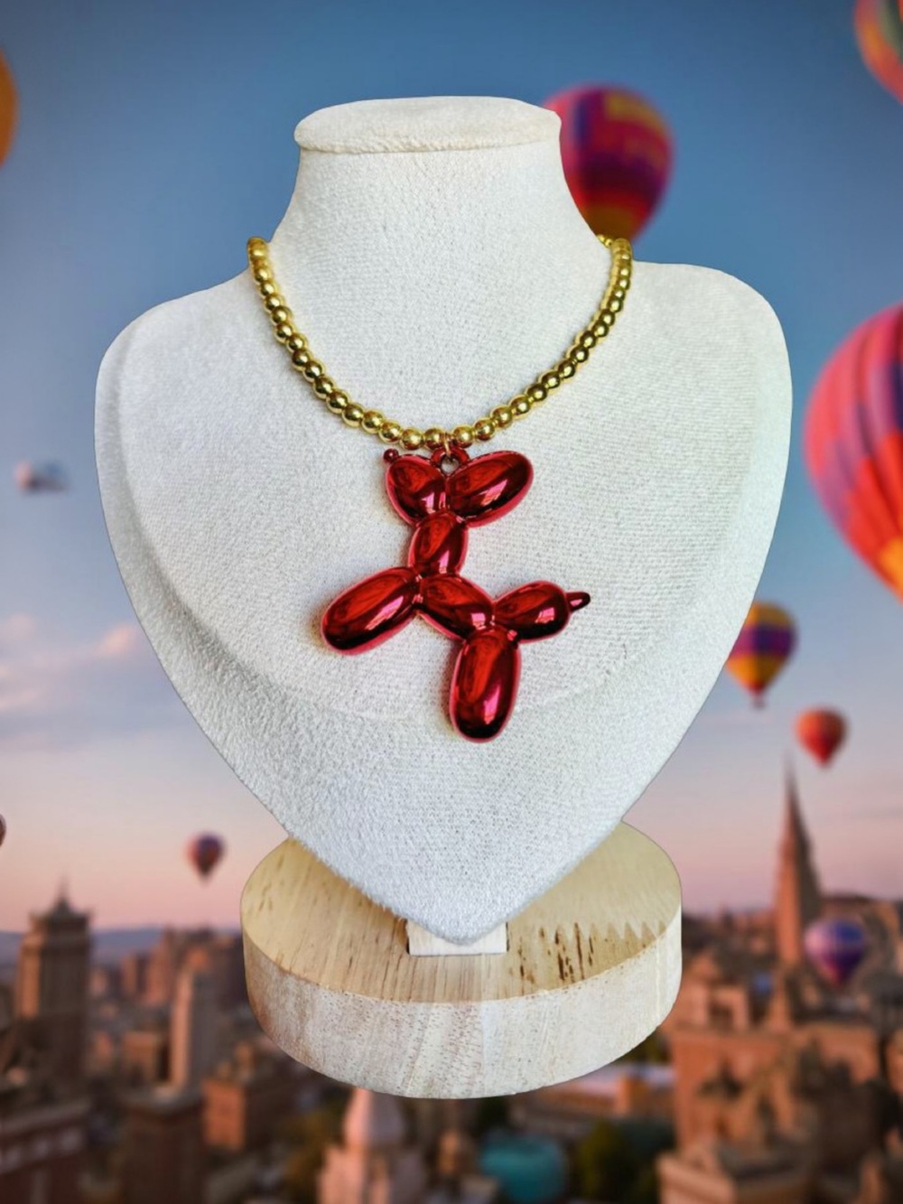 One-of-a-Kind Red Balloon Dog Pendant and gold - Playful Statement Necklace